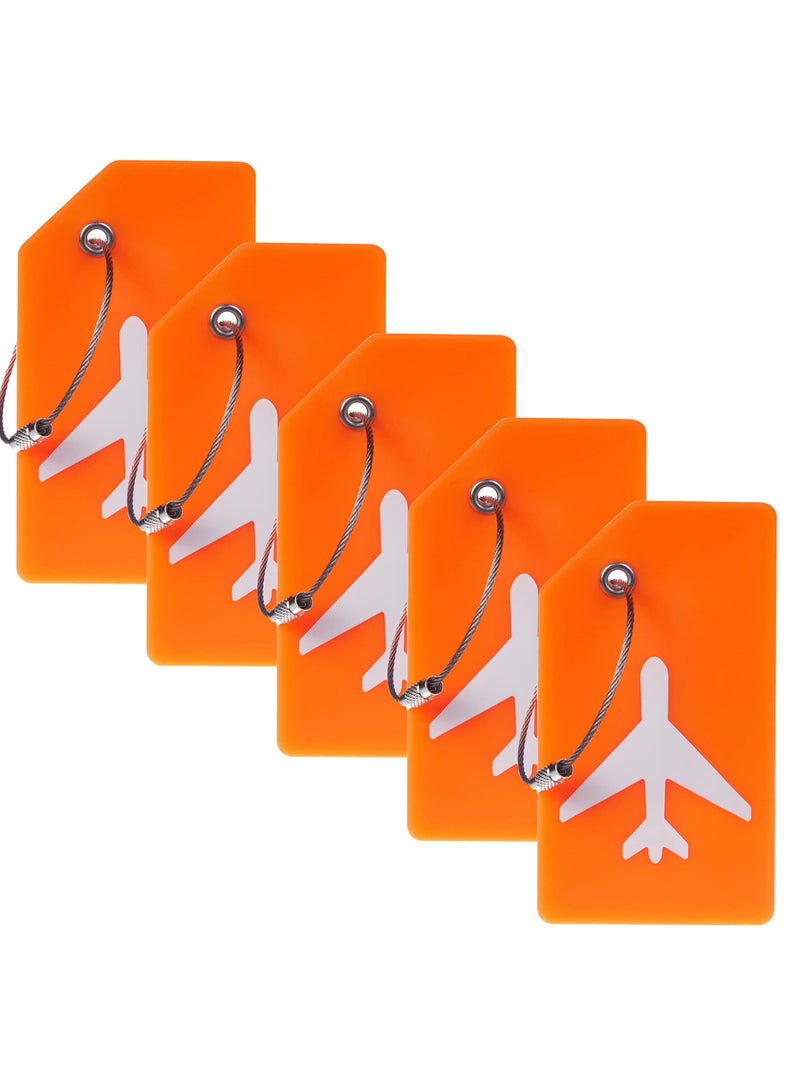 5 Pack Silicone Luggage Tags with Name ID Card - Anti-Lost & Personalized Tags for Easy Luggage Identification, Includes Stainless Steel Loops (Orange)