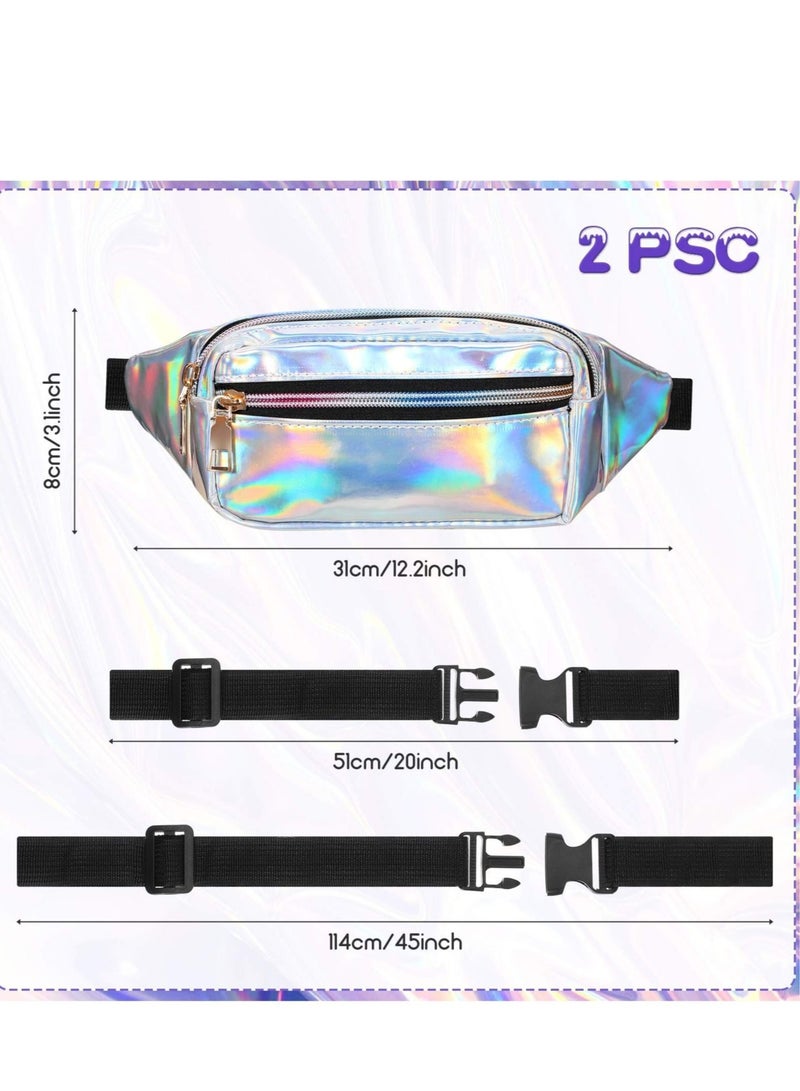 2 Piece Waist Pack Shiny Holographic Waist Pack Waterproof Neon Waist Pack Holiday Ladies, Men'S Pack Outdoor Sports Cell Phone Pack (Silver, Black)