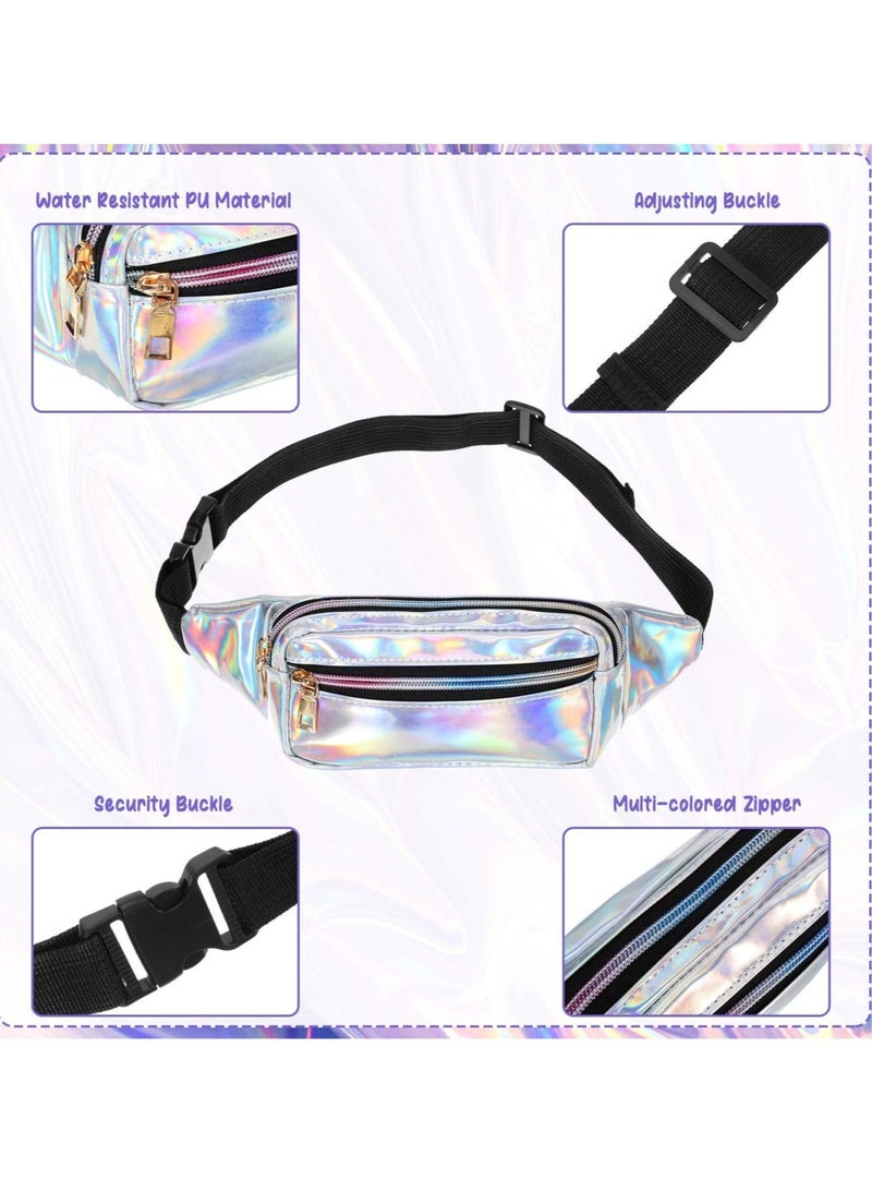 2 Piece Waist Pack Shiny Holographic Waist Pack Waterproof Neon Waist Pack Holiday Ladies, Men'S Pack Outdoor Sports Cell Phone Pack (Silver, Black)