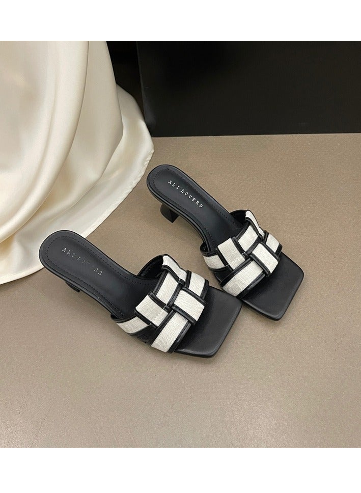 Summer New Versatile And Stylish Korean Style Square Headed Checkered Sandals For Women