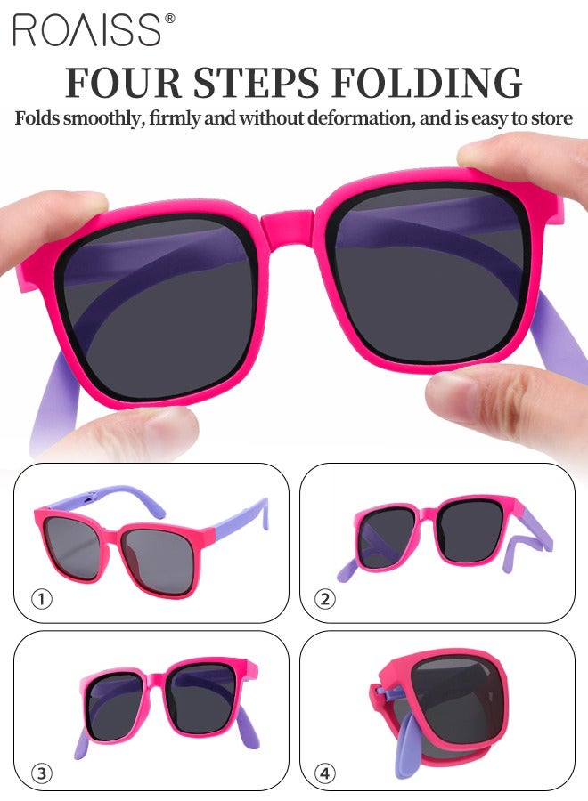 Square Folding Polarized Sunglasses for Kids, UV400 Protection Cute Beach Holiday Sun Glasses, Foldable Sun Shades with Small Portable Box for Boys Girls and Children Age 3-12