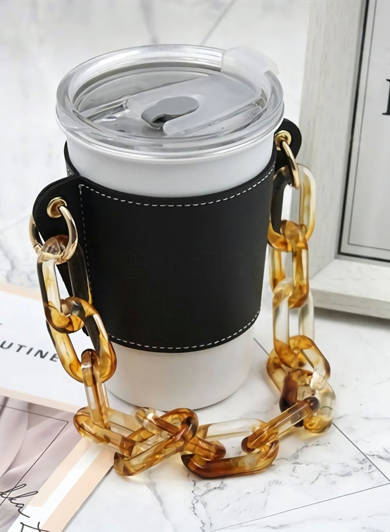 Reusable Coffee Cup Holder, Portable Chain Leather Handy Water Holder for Cold and Hot Drinks Lovers Gifts Women (Black)