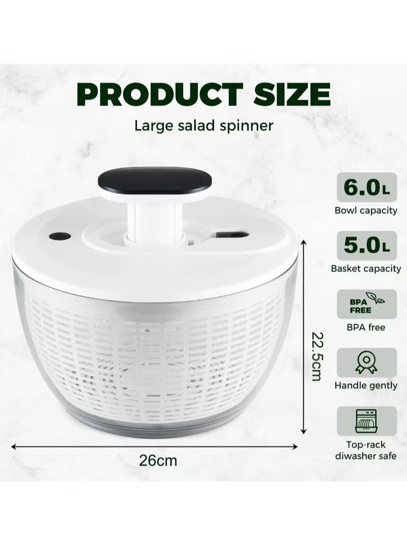 Large Salad Spinner 6L, Manual Lettuce Spinner for Vegetable Prepping, One Handed Pump Fruit Spinner, Quick Drying Salad Leaves with Bowl and Colander