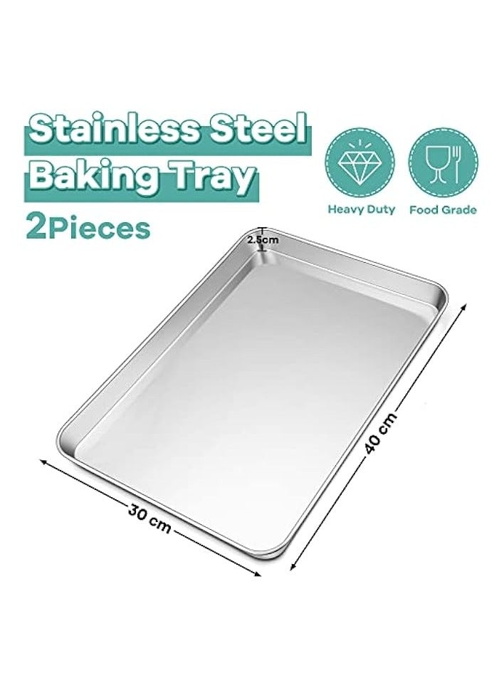 Baking Tray, 100% Stainless Steel Oven Tray Set of 2, Large Cookie Sheet Pan for Baking Cooking Roasting, Non Toxic & Rust Free