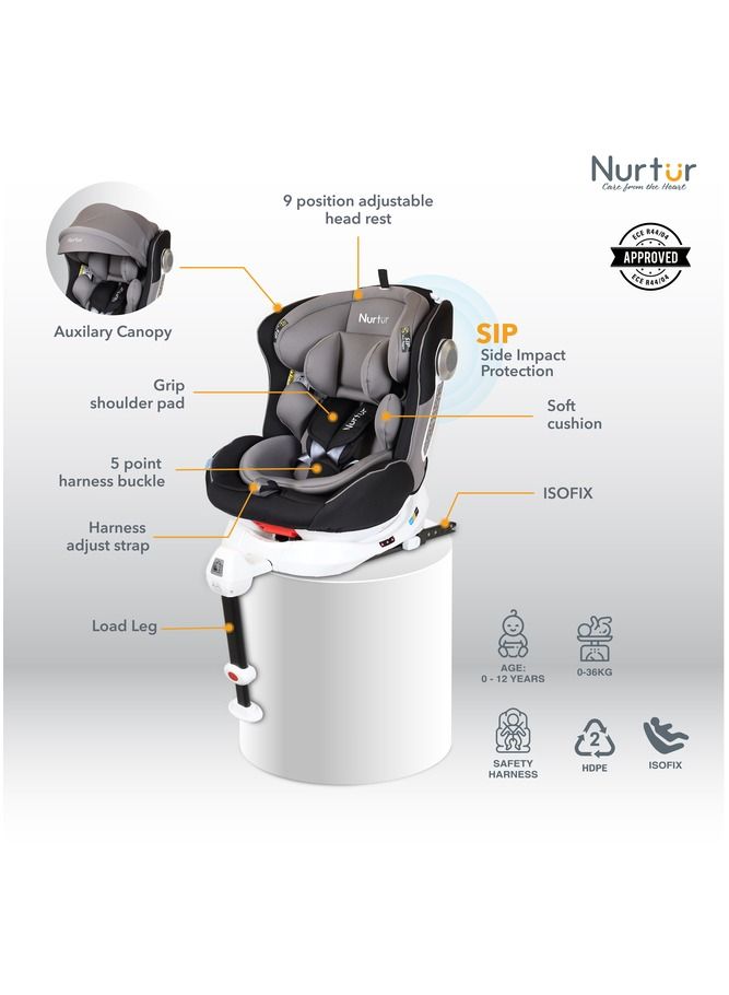 Nurtur Liberty BabyKids 4in1 Car Seat  360  Rotation  Leg Support  ISOFIX –10level Adjustable Headrest with Canopy  0 months to 12 years  Upto 36kg Official Nurtur Product