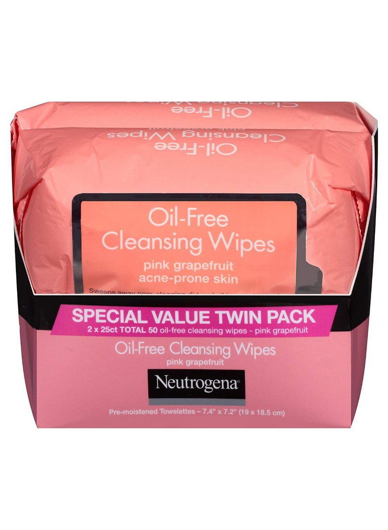 Pink Grapefruit Twin Pack Oil Free Cleansing Wipes, 50 Count 7.4 x 7.2inch