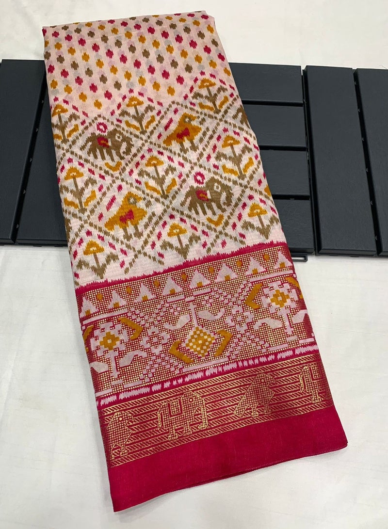 White Dola Silk Patola Print With Foil Printed Border And Pallu Plus Unstitched Contrast Blouse