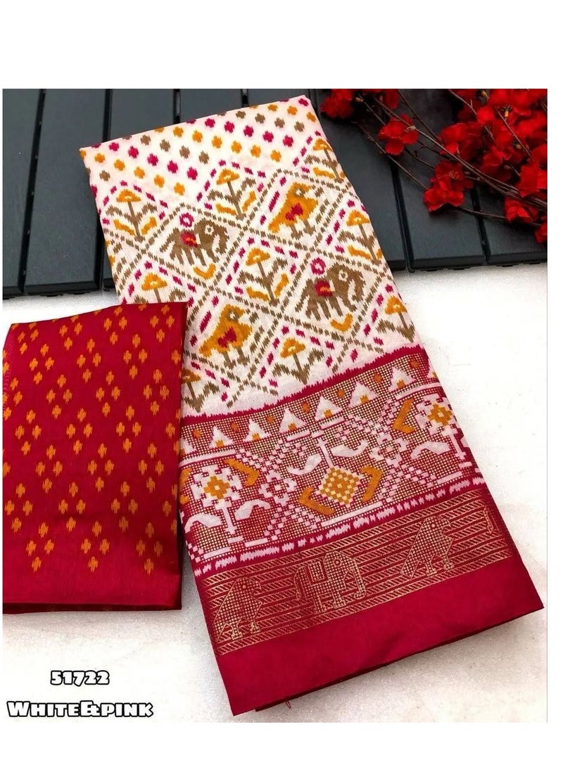 White Dola Silk Patola Print With Foil Printed Border And Pallu Plus Unstitched Contrast Blouse