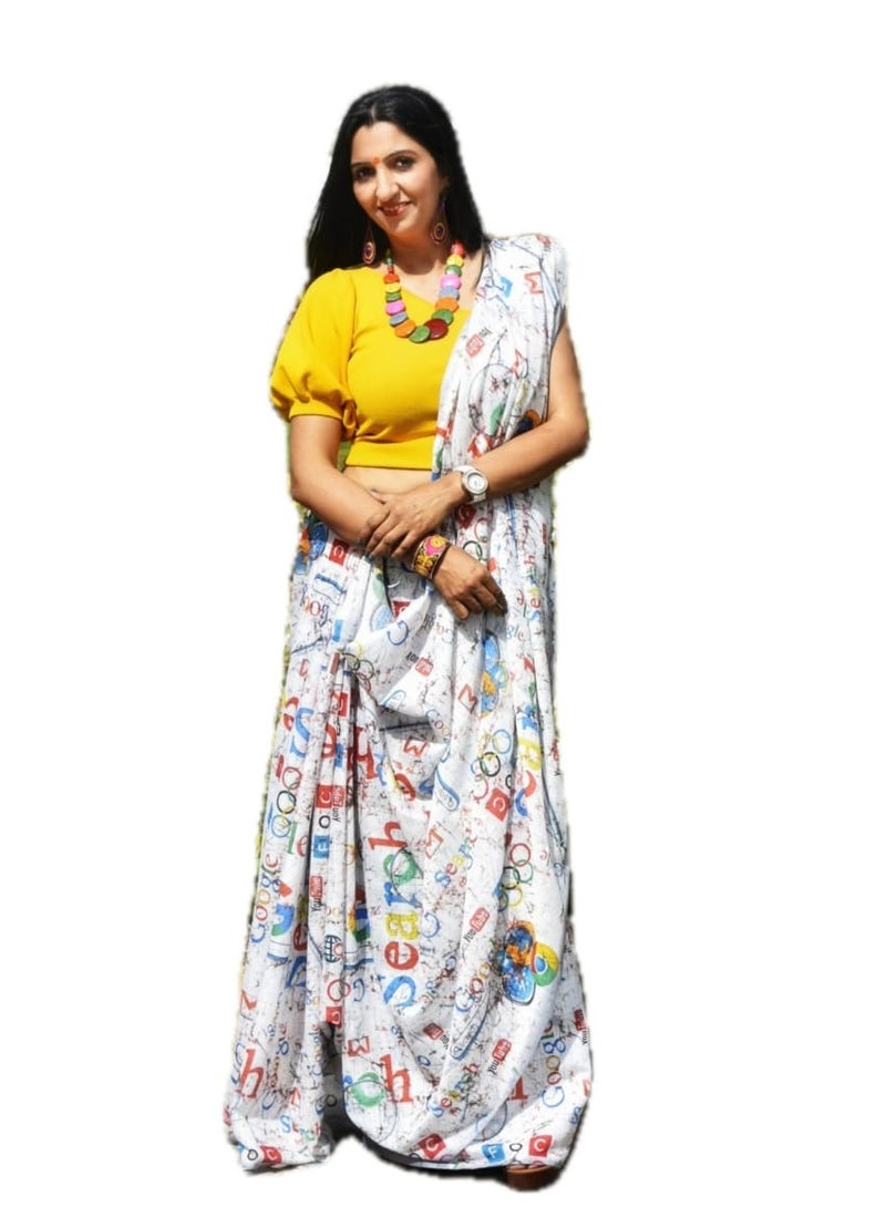 White Linen Saree With Colourful Print Plus Unstitched Blouse