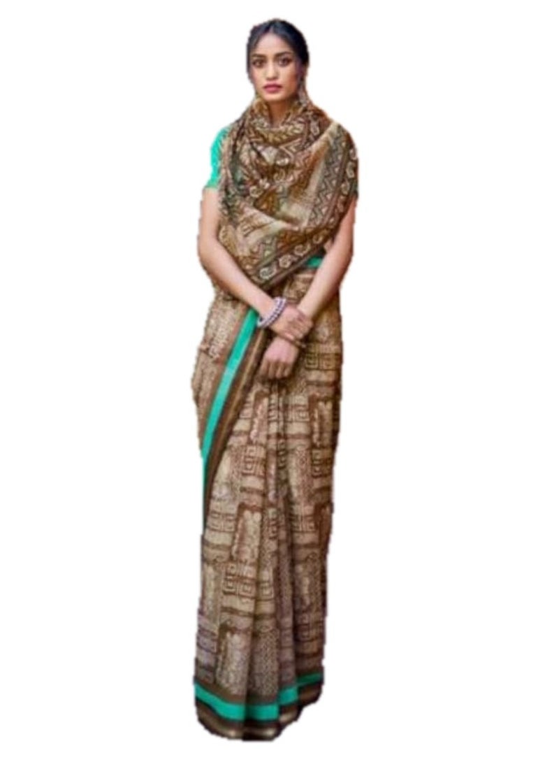 Handloom Cotton Printed Brown Saree With Green Unstitched Blouse