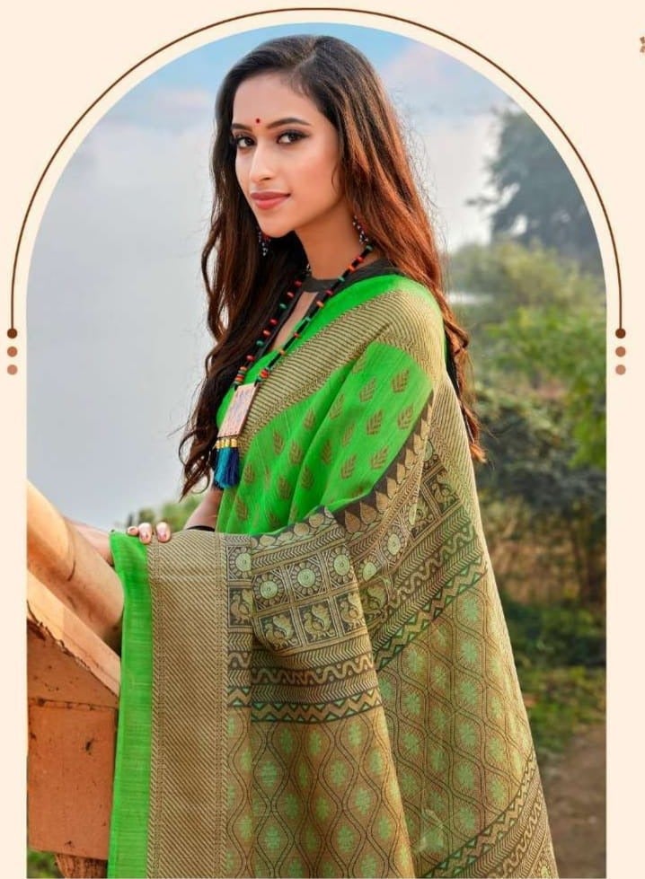 Green Cotton Saree With Golden Design And Printed Border Plus Unstitched Blouse