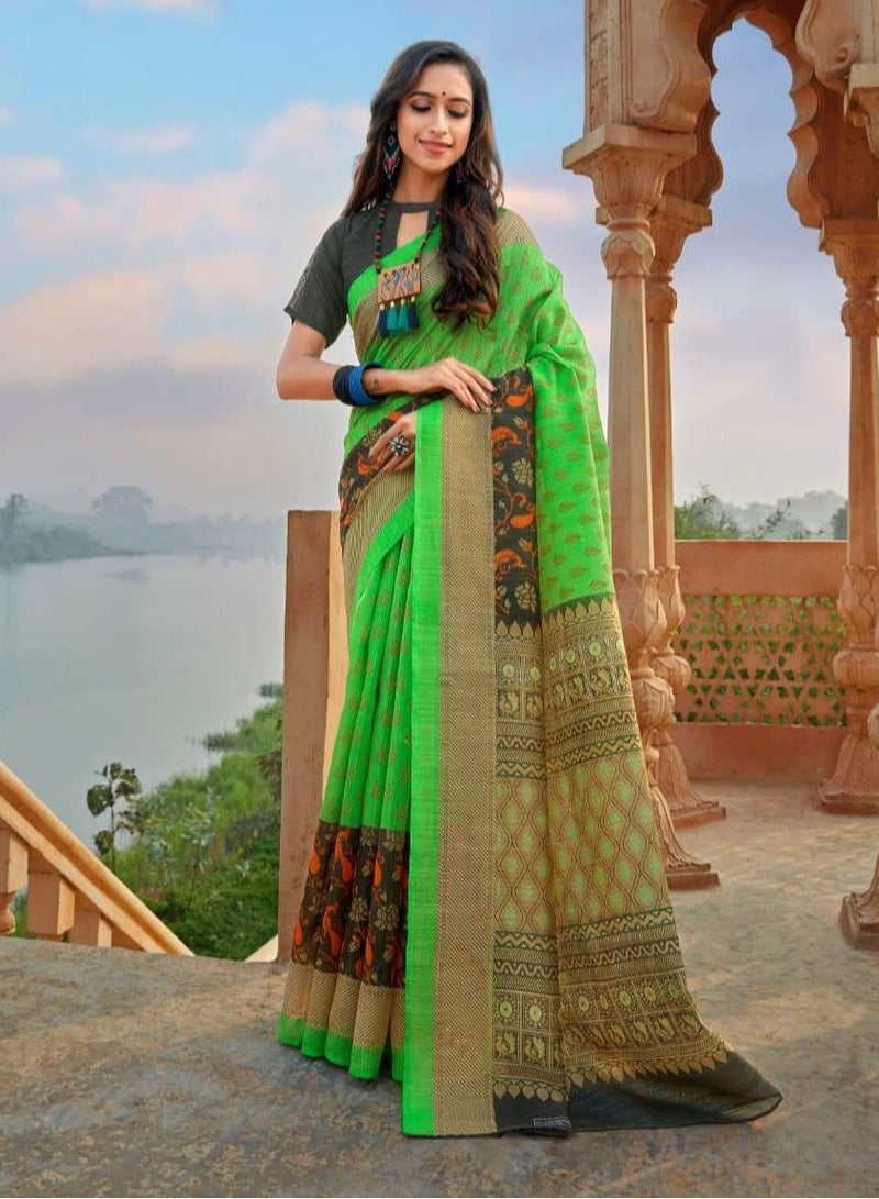 Green Cotton Saree With Golden Design And Printed Border Plus Unstitched Blouse