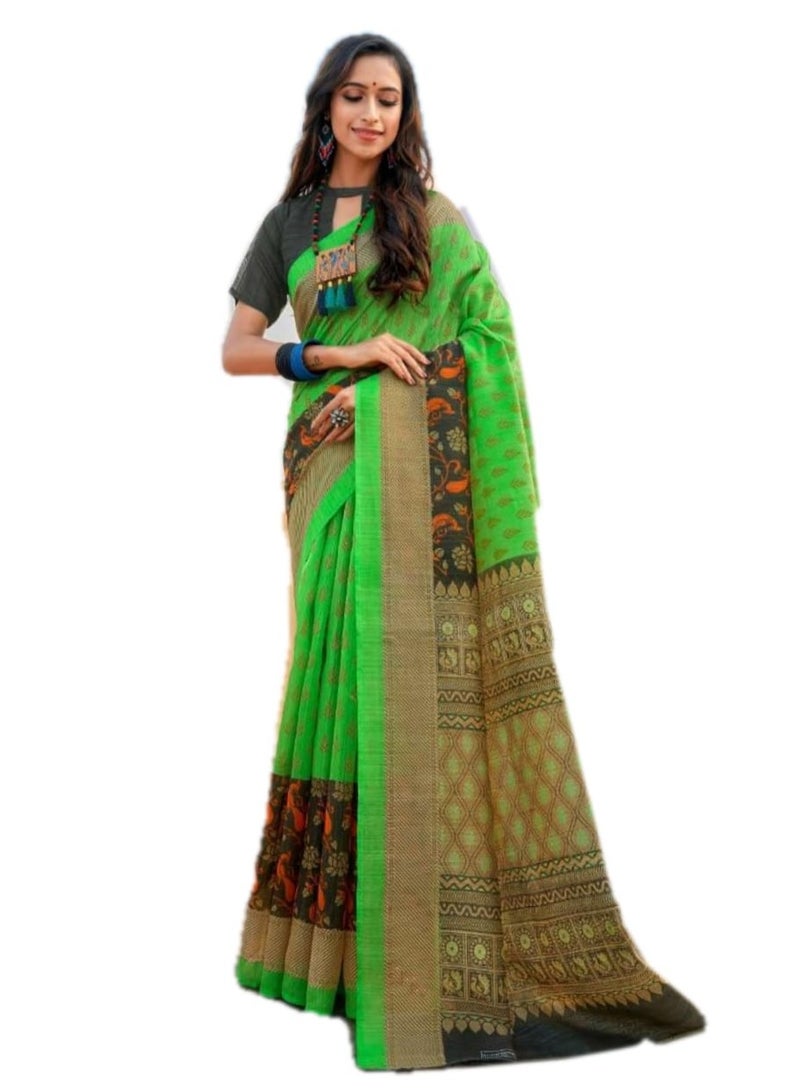 Green Cotton Saree With Golden Design And Printed Border Plus Unstitched Blouse