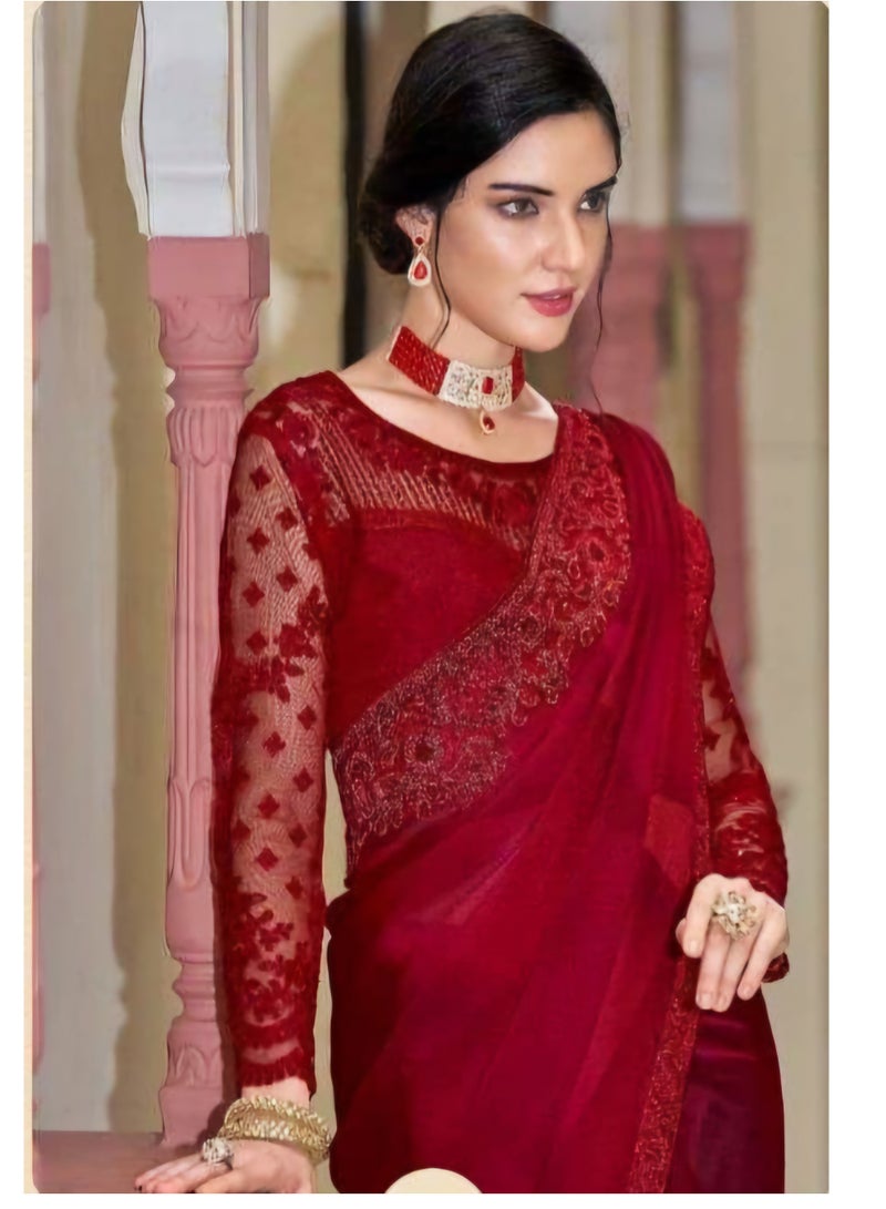 Pure Georgette Red Silk Saree With Embroidered Lace Border Plus Designer Net Fancy Unstitched Blouse