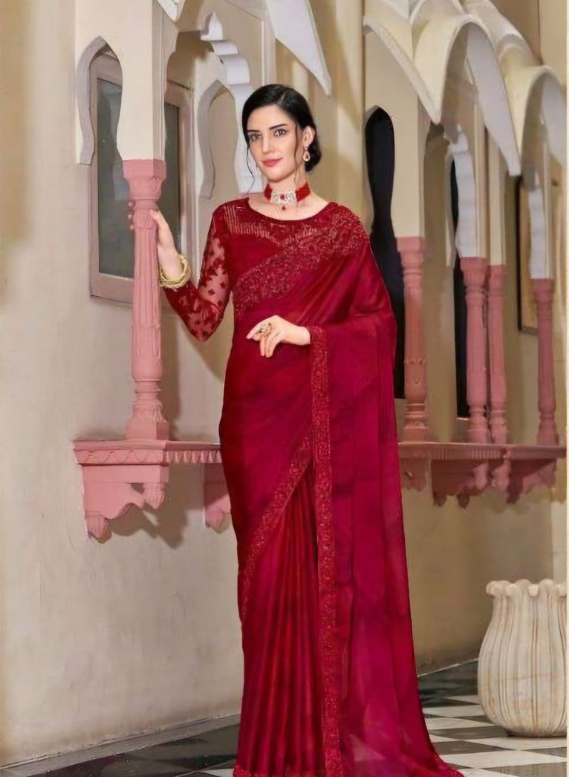 Pure Georgette Red Silk Saree With Embroidered Lace Border Plus Designer Net Fancy Unstitched Blouse