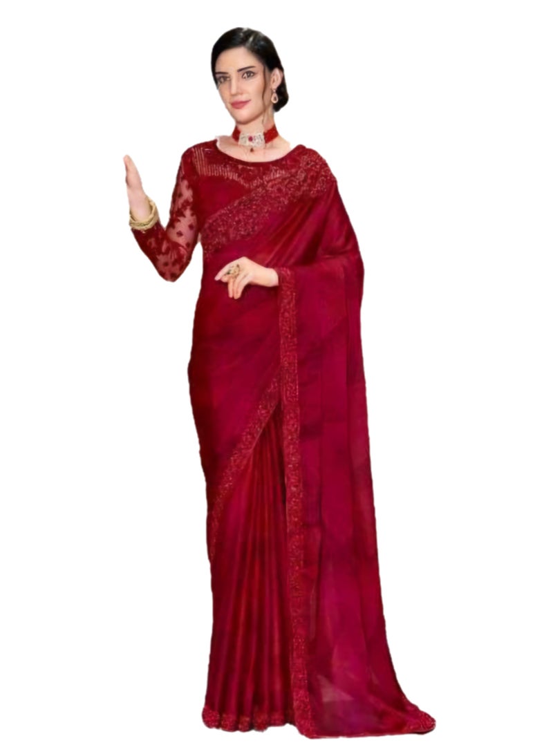 Pure Georgette Red Silk Saree With Embroidered Lace Border Plus Designer Net Fancy Unstitched Blouse