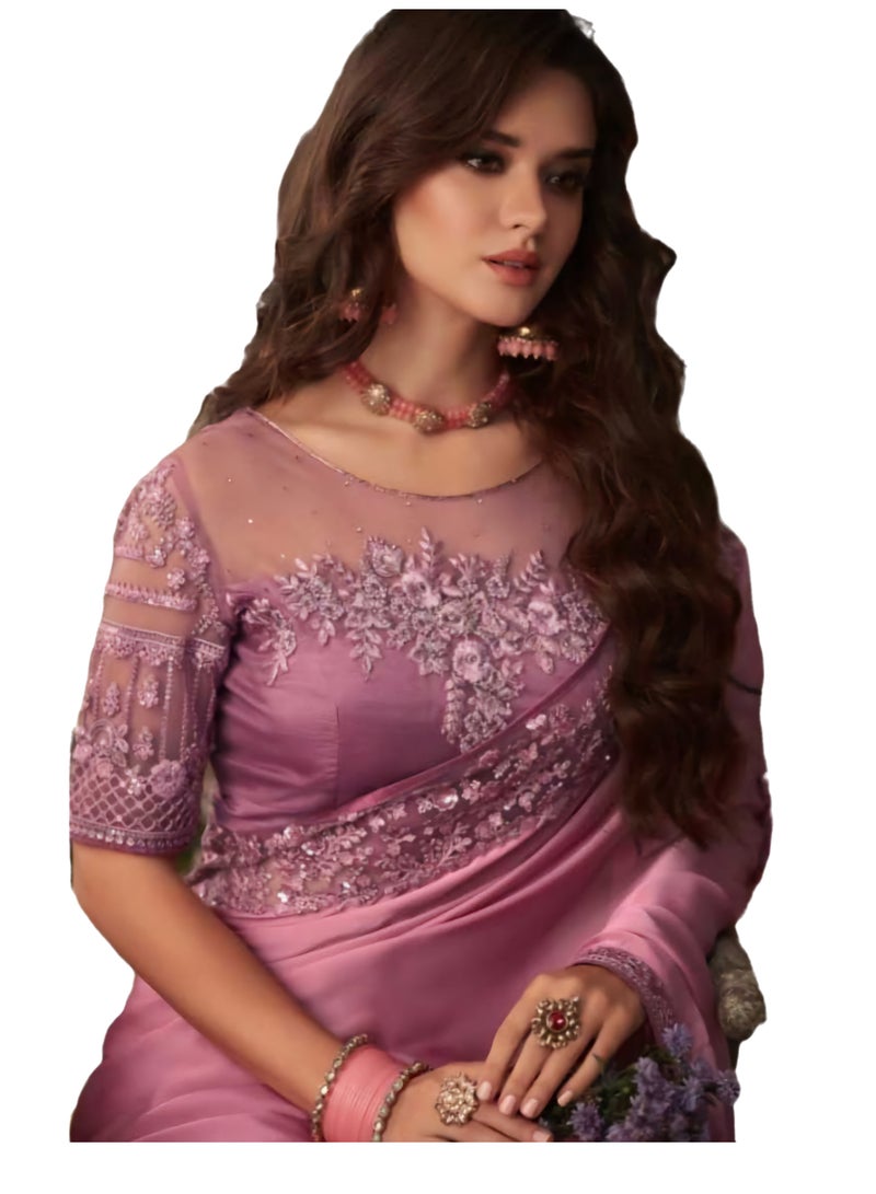 Pure Satin Silk Pink Saree With Embroidered Lace Border Plus Designer Net Fancy Unstitched Blouse