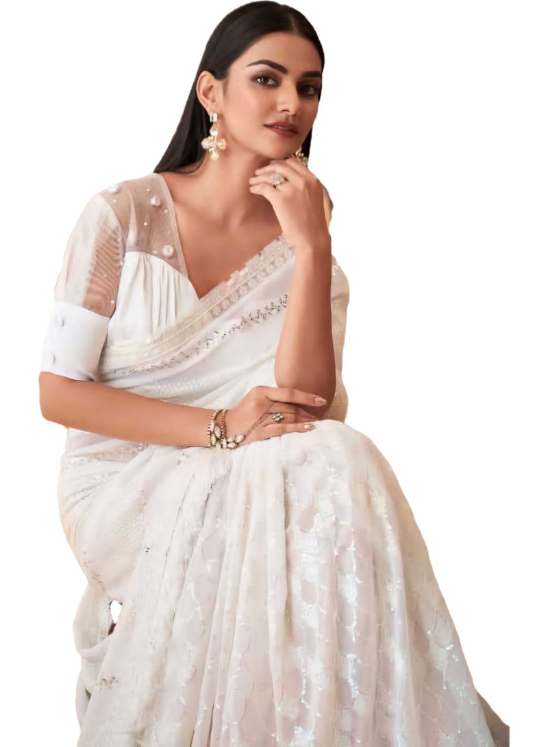 Pure Georgette White Silk Saree With Sequence Work And Border Plus Designer Net Fancy Unstitched Blouse