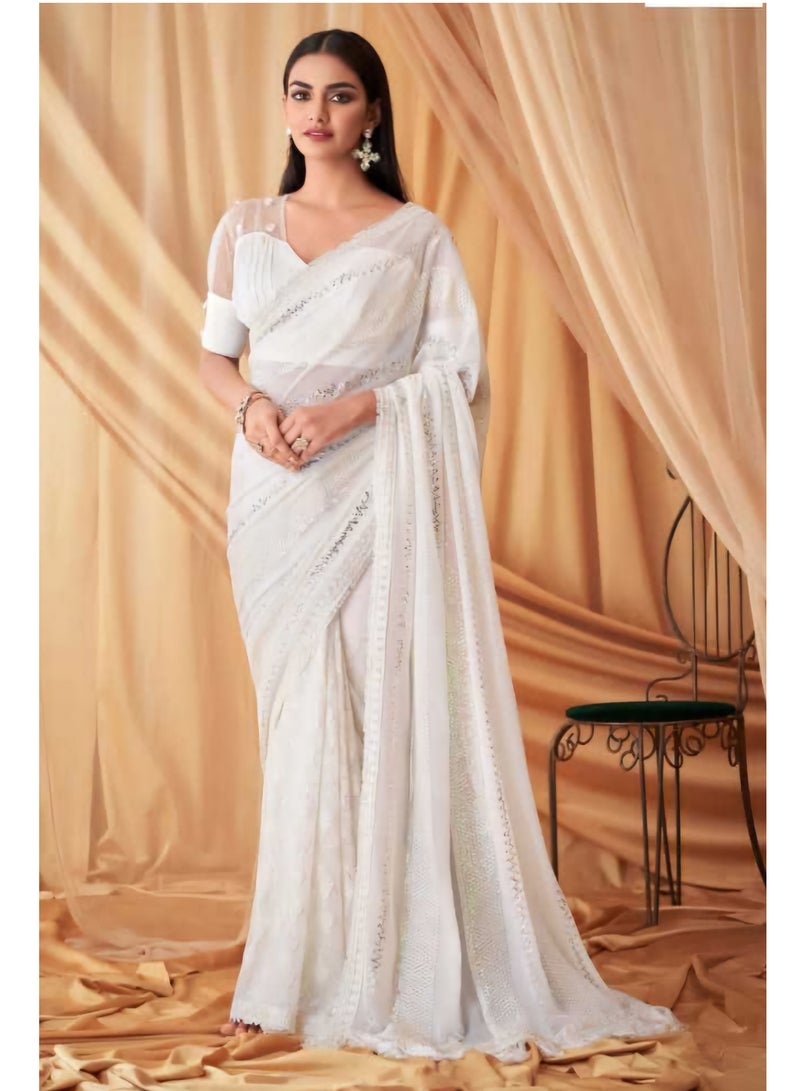 Pure Georgette White Silk Saree With Sequence Work And Border Plus Designer Net Fancy Unstitched Blouse