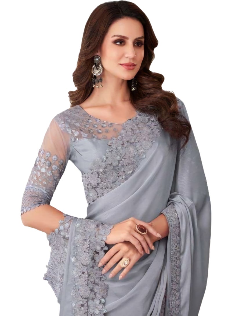 Pure Chiffon Grey Silk Saree With Embroidered Border Plus Designer Net Fancy Unstitched Blouse