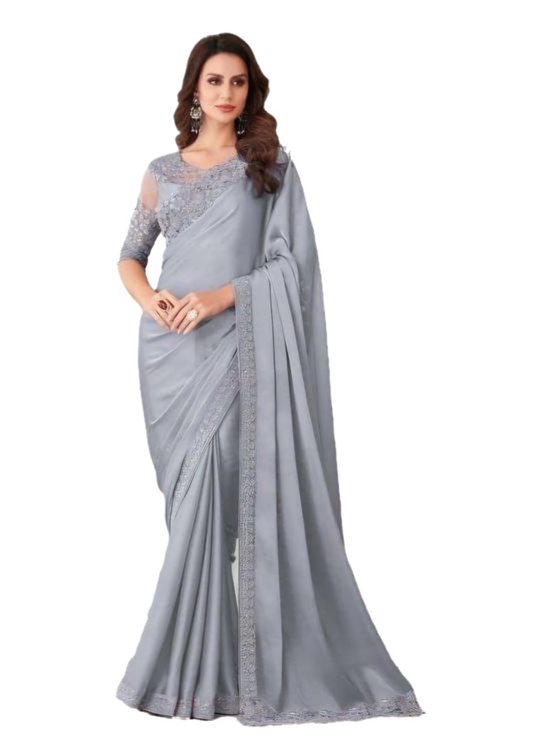 Pure Chiffon Grey Silk Saree With Embroidered Border Plus Designer Net Fancy Unstitched Blouse