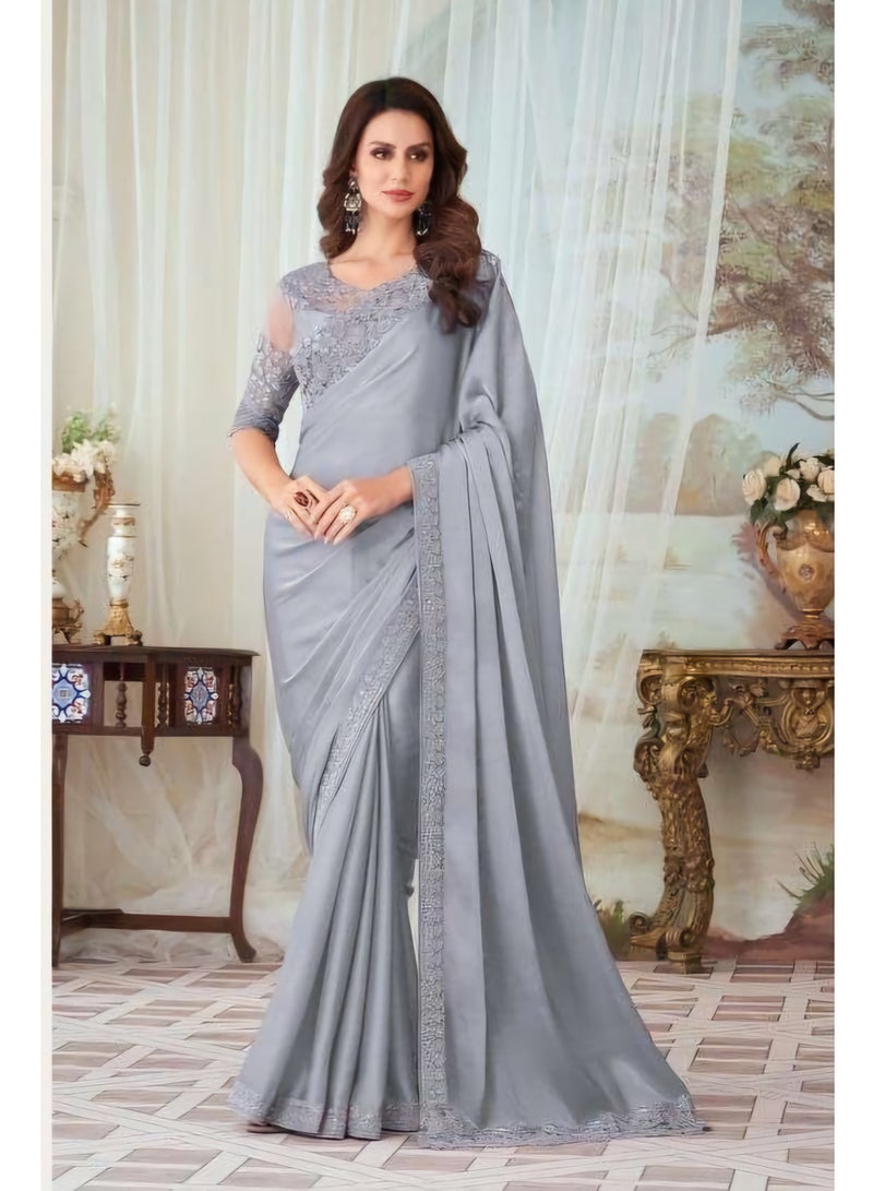 Pure Chiffon Grey Silk Saree With Embroidered Border Plus Designer Net Fancy Unstitched Blouse