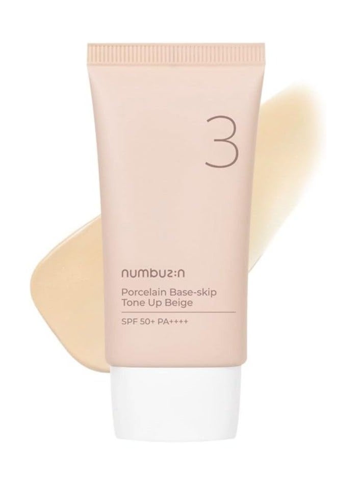 numbuzin No. 3 Porcelain Base-Skip Tone Up Beige 1.69 fl oz / 50 ml | 3-in-1 Tinted Moisturiser, Sun Protection, Powder, Balances Skin Tone, Firming Cream, Natural