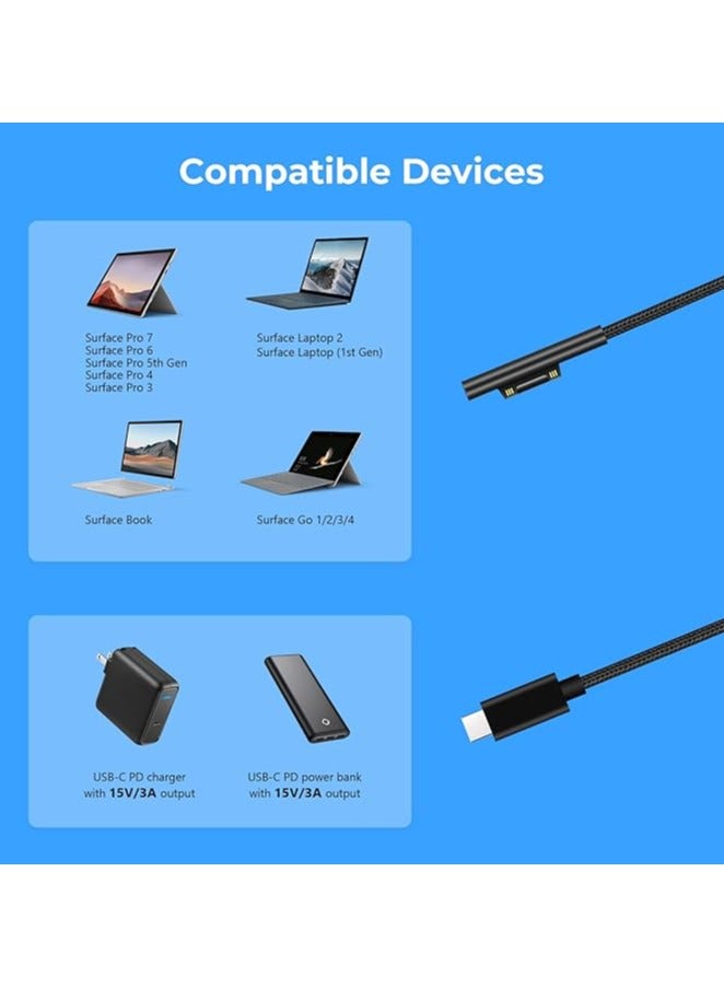 USB-C Charging Cable 15V/3A for Microsoft Surface Pro 7/6/5/4/3, Surface Laptop 3/2/1(Nylon, 6FT)