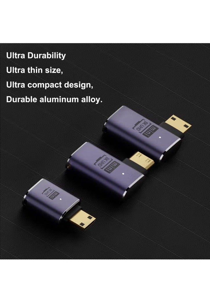 Mini HDMI to HDMI Adapter 8K, 3 Pcs 90 Degree Left and Right Angle Mini HDMI Male to HDMI Female Adapter, 48Gbps Mini HDMI Adapter, for Camera, HDTV, Projector, Laptop and Tablet