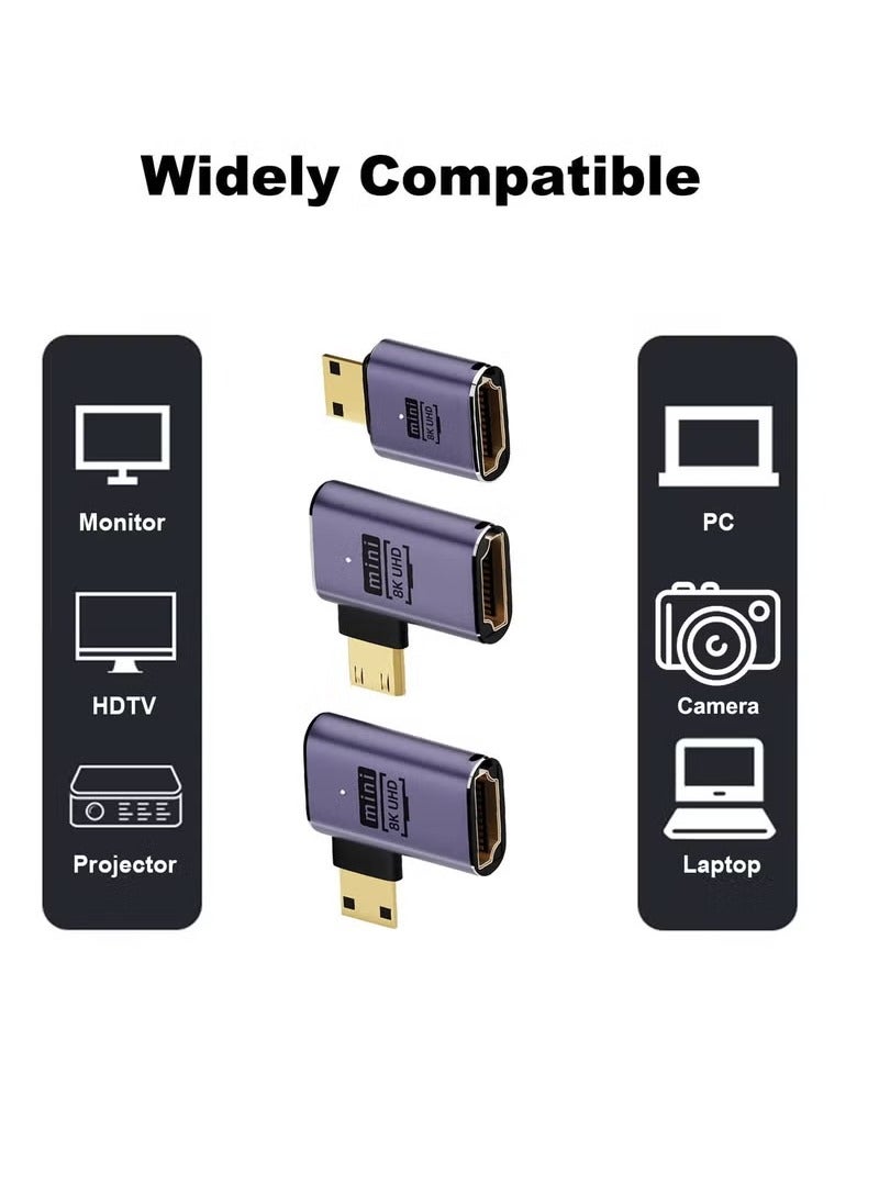 Mini HDMI to HDMI Adapter 8K, 3 Pcs 90 Degree Left and Right Angle Mini HDMI Male to HDMI Female Adapter, 48Gbps Mini HDMI Adapter, for Camera, HDTV, Projector, Laptop and Tablet