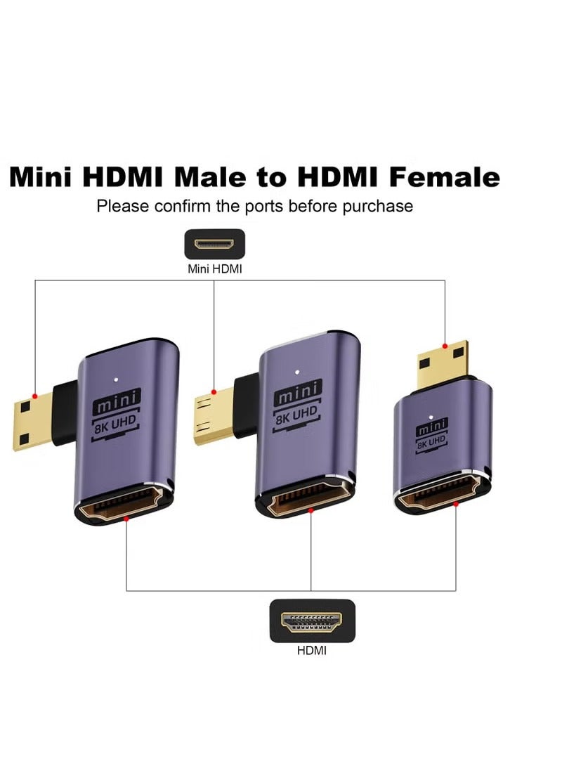 Mini HDMI to HDMI Adapter 8K, 3 Pcs 90 Degree Left and Right Angle Mini HDMI Male to HDMI Female Adapter, 48Gbps Mini HDMI Adapter, for Camera, HDTV, Projector, Laptop and Tablet