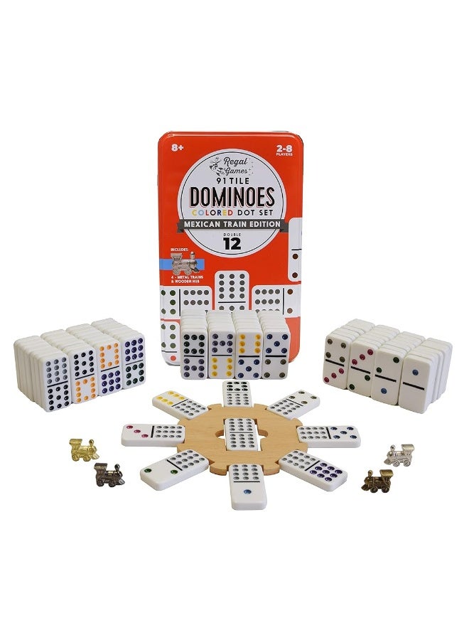 Regal Games Mexican Train Double 12 Dominoes Set for Adults & Kids - Domino Game with 91 Tiles Colored Dots & 4 Metal Trains - 2-8 Player Games & Ideal for Family Fun Game Night and Travel (Ages 8+)