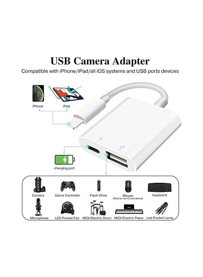 Lightning to USB Camera Adapter,Lightning to USB Female OTG Adapter with Charging Port Compatible for iPhone/iPad/Card Reader/USB Flash Drive/Keyboard/Mouse, Plug and Play