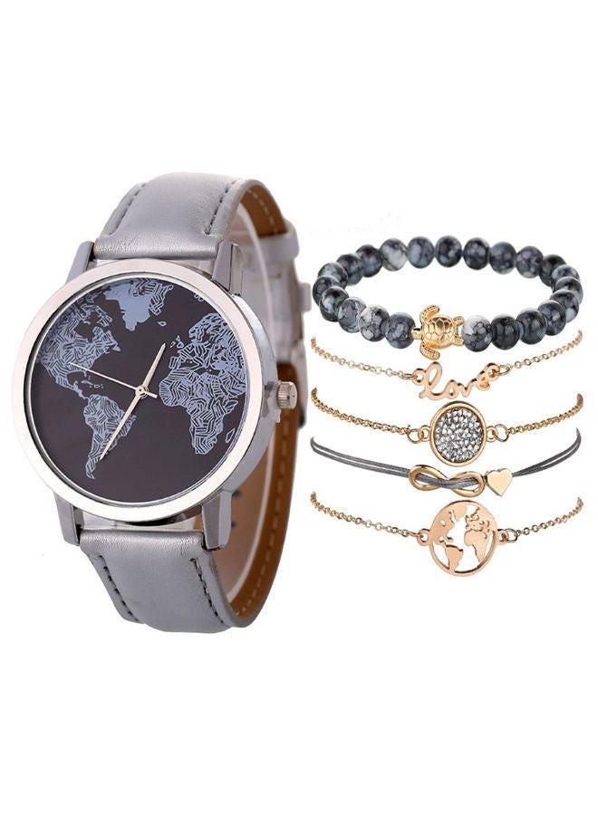 Women's 6-Piece Retro Map Leather Analog Watch And Bracelet Set NSSB037000224