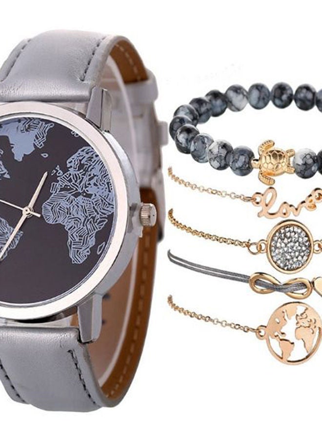 Women's 6-Piece Retro Map Leather Analog Watch And Bracelet Set NSSB037000224