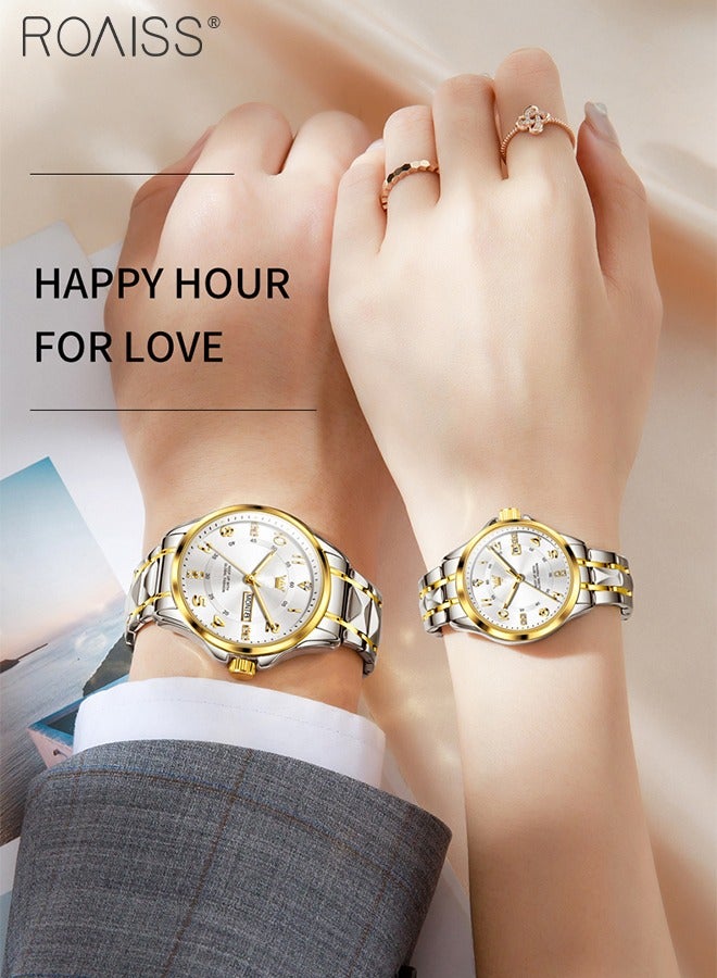 Stainless Steel Strap Couple Quartz Watch Set, Analog Display Round Dial with Rhinestones Decoration, Luxurious Luminous Waterproof Calendar Watch Gift for Men Women, Silver and Gold