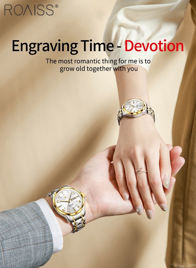 Stainless Steel Strap Couple Quartz Watch Set, Analog Display Round Dial with Rhinestones Decoration, Luxurious Luminous Waterproof Calendar Watch Gift for Men Women, Silver and Gold