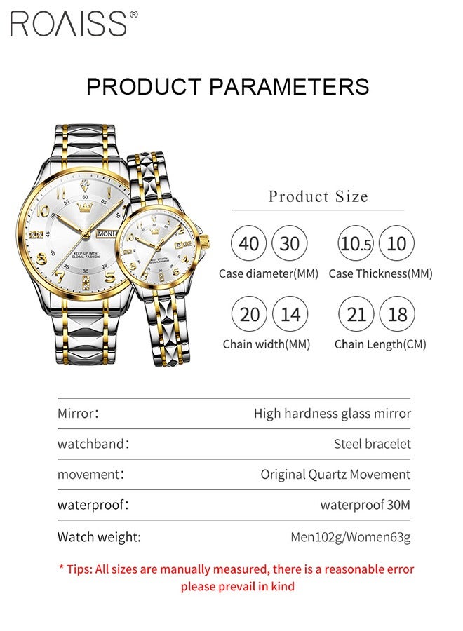 Stainless Steel Strap Couple Quartz Watch Set, Analog Display Round Dial with Rhinestones Decoration, Luxurious Luminous Waterproof Calendar Watch Gift for Men Women, Silver and Gold