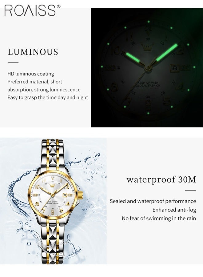 Stainless Steel Strap Couple Quartz Watch Set, Analog Display Round Dial with Rhinestones Decoration, Luxurious Luminous Waterproof Calendar Watch Gift for Men Women, Silver and Gold