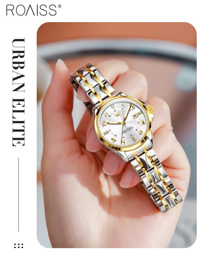 Stainless Steel Strap Couple Quartz Watch Set, Analog Display Round Dial with Rhinestones Decoration, Luxurious Luminous Waterproof Calendar Watch Gift for Men Women, Silver and Gold