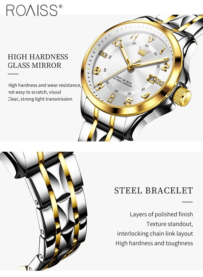 Stainless Steel Strap Couple Quartz Watch Set, Analog Display Round Dial with Rhinestones Decoration, Luxurious Luminous Waterproof Calendar Watch Gift for Men Women, Silver and Gold