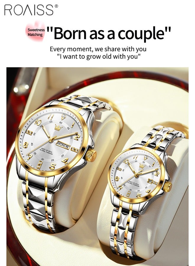 Stainless Steel Strap Couple Quartz Watch Set, Analog Display Round Dial with Rhinestones Decoration, Luxurious Luminous Waterproof Calendar Watch Gift for Men Women, Silver and Gold