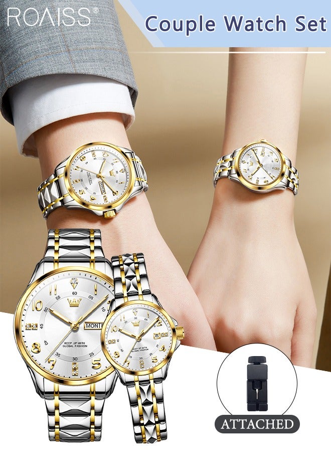 Stainless Steel Strap Couple Quartz Watch Set, Analog Display Round Dial with Rhinestones Decoration, Luxurious Luminous Waterproof Calendar Watch Gift for Men Women, Silver and Gold