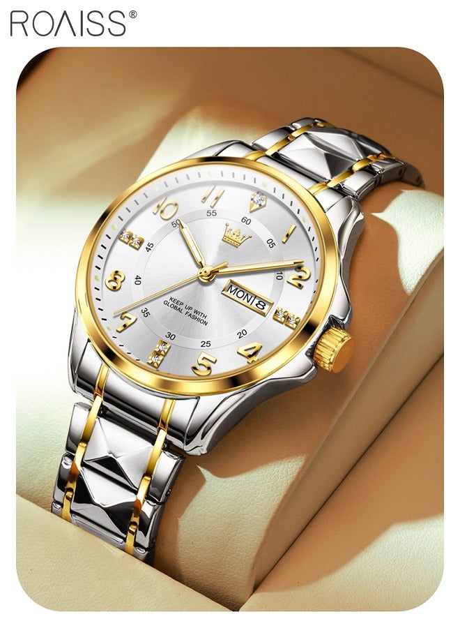 Stainless Steel Strap Couple Quartz Watch Set, Analog Display Round Dial with Rhinestones Decoration, Luxurious Luminous Waterproof Calendar Watch Gift for Men Women, Silver and Gold