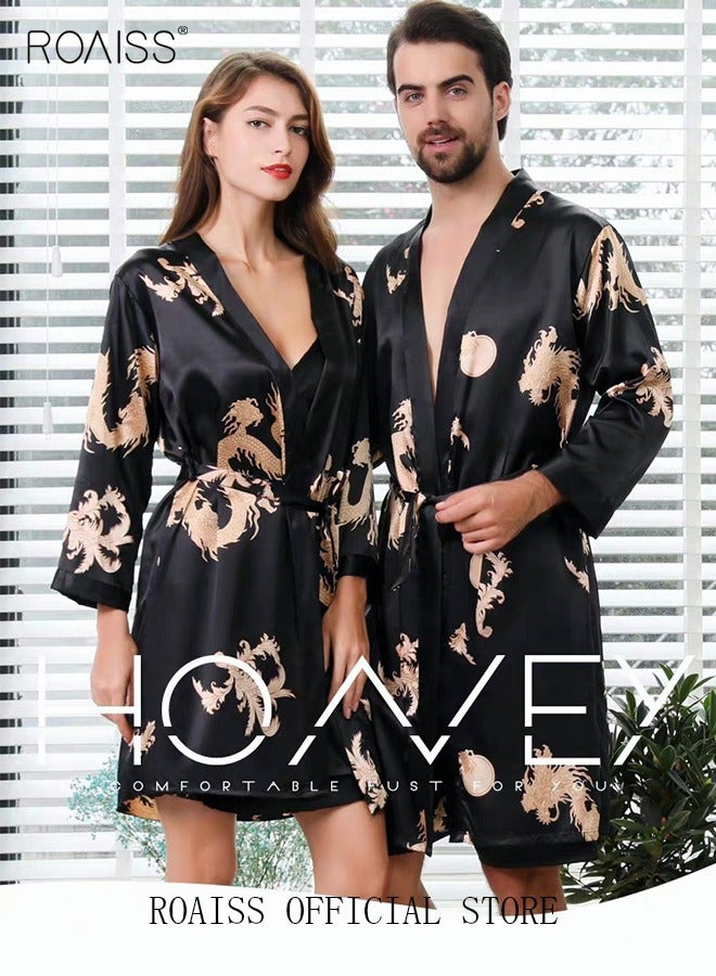 Plus Size Slip Dress and Robe for Ladies Silk Dragon Pattern Pajamas Bathrobe gift for Girlfriend Wife Summer Loungewear Nightwear for Women