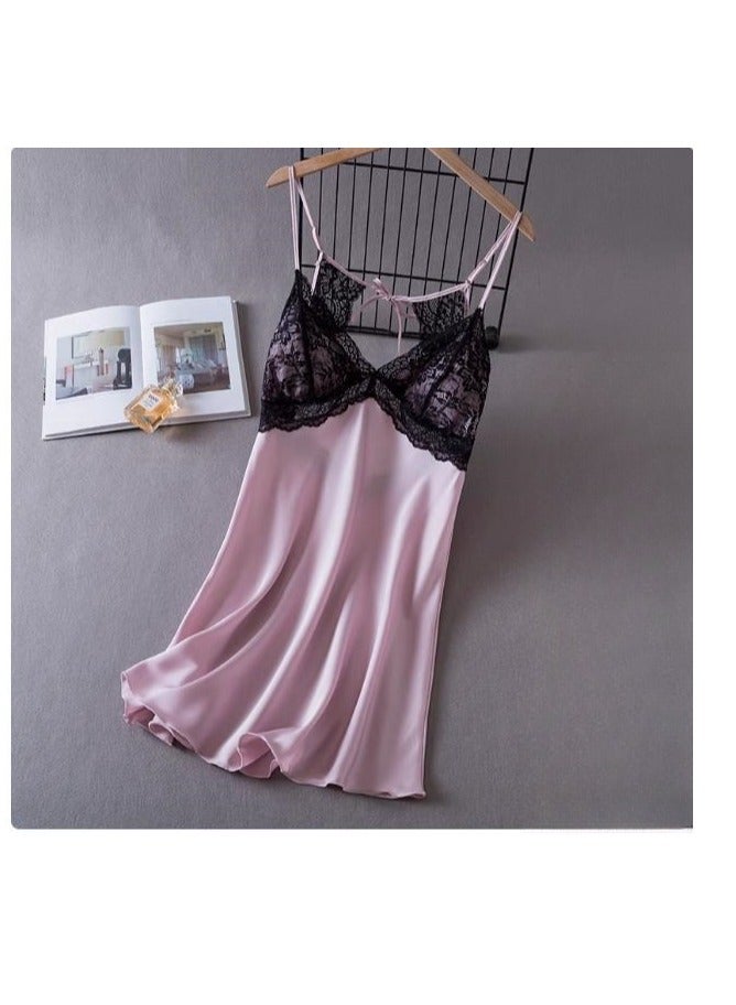 Women's Lace Edge Beautiful Back Suspender Thin Nightgown Ice Silk Home Wear