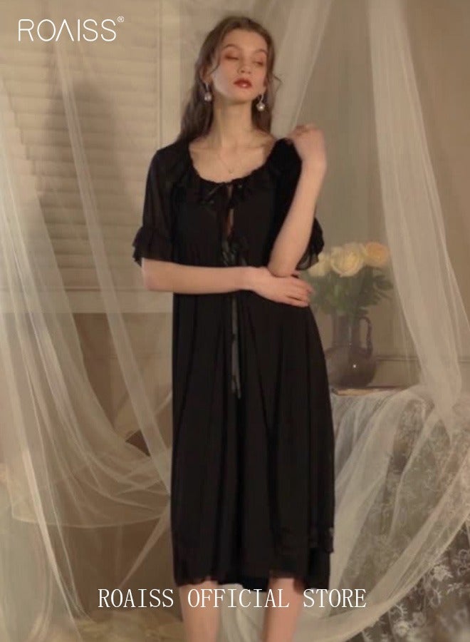 2 Piece Set Night Skirt Solid Women's Lace Pajamas with Pad V-Neck Sling Mesh Sweet Court Retro Nightdress Loungewear Soft Spring Summer Home Wearing Clothes Black