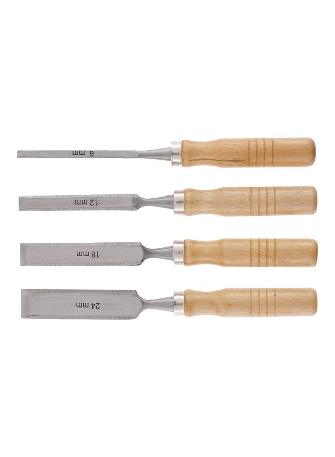 4-Piece Flat Chisel Set With Wooden Handles Beige/Grey 6-12-18-24millimeter