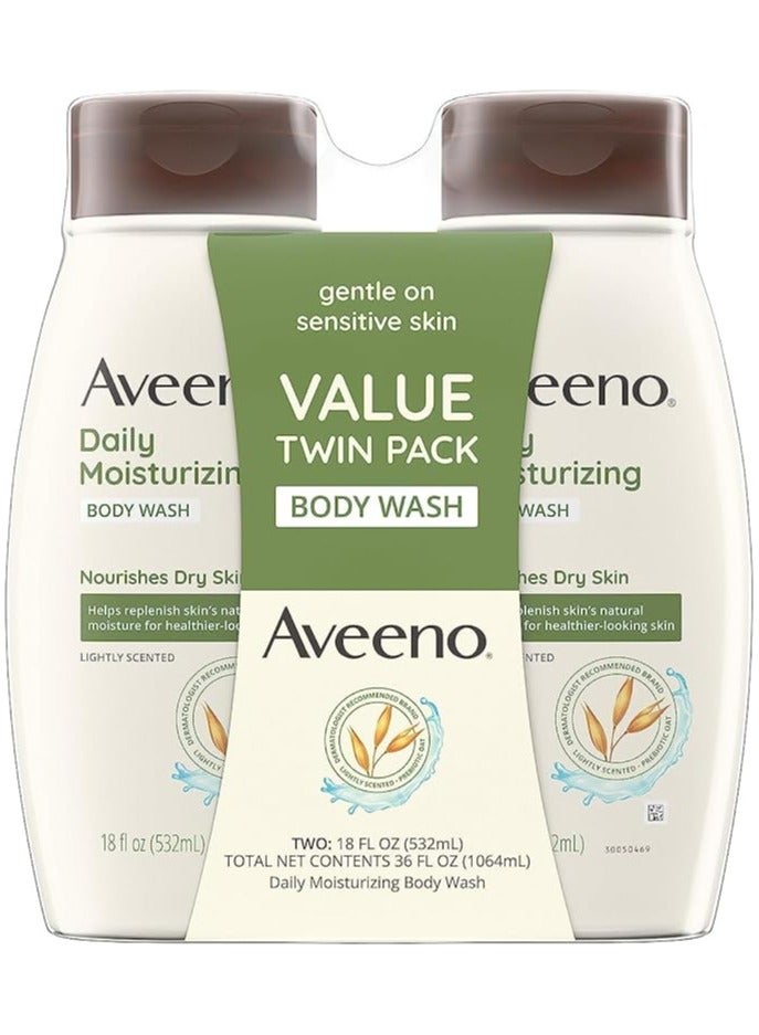 Aveeno Daily Moisturizing Body Wash for Dry & Sensitive Skin with Prebiotic Oat, Light Fragrance, Sulfate-Free, 18 fl. oz, Pack of 2