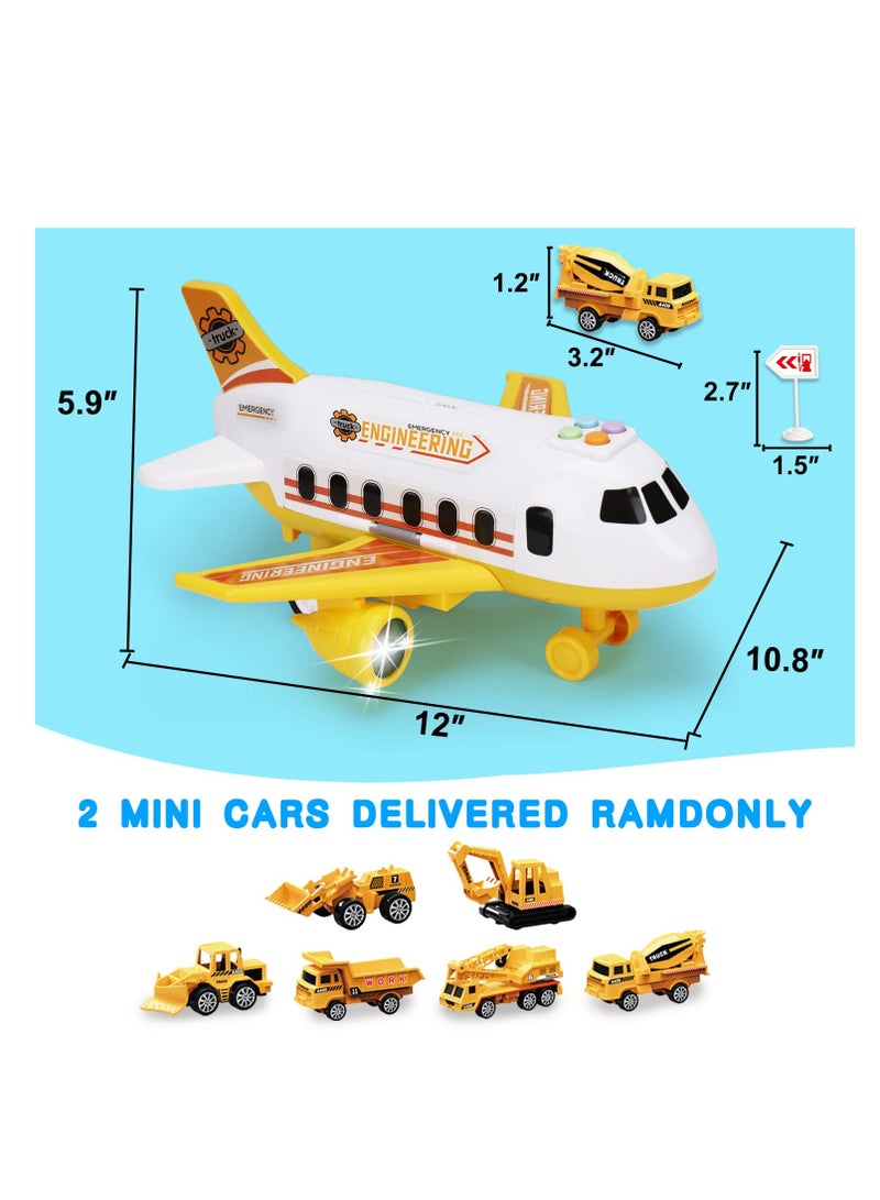 Airplane Toy Set with Mini Construction Cars and Helicopter, Toddler Transport Vehicle Playset, Aircraft Carrier with Lights and Sounds, Perfect Gift for Kids Aged 2 and Up.